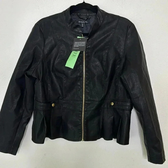 Baccini PXL New black moto faux black leather zip up modern jacket - Picture 2 of 7